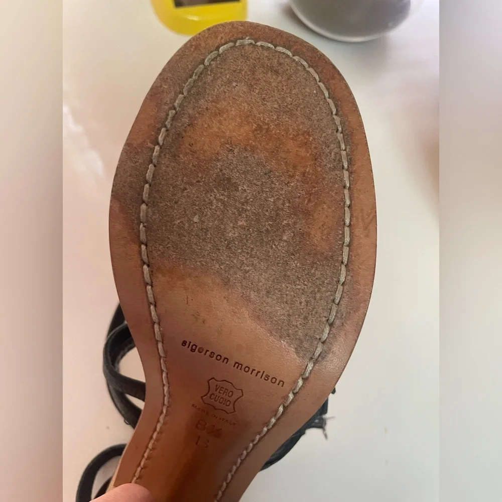 Sigerson Morrison Women’s Greek Black Leather Wood Heel Sandals - Picture 11 of 16